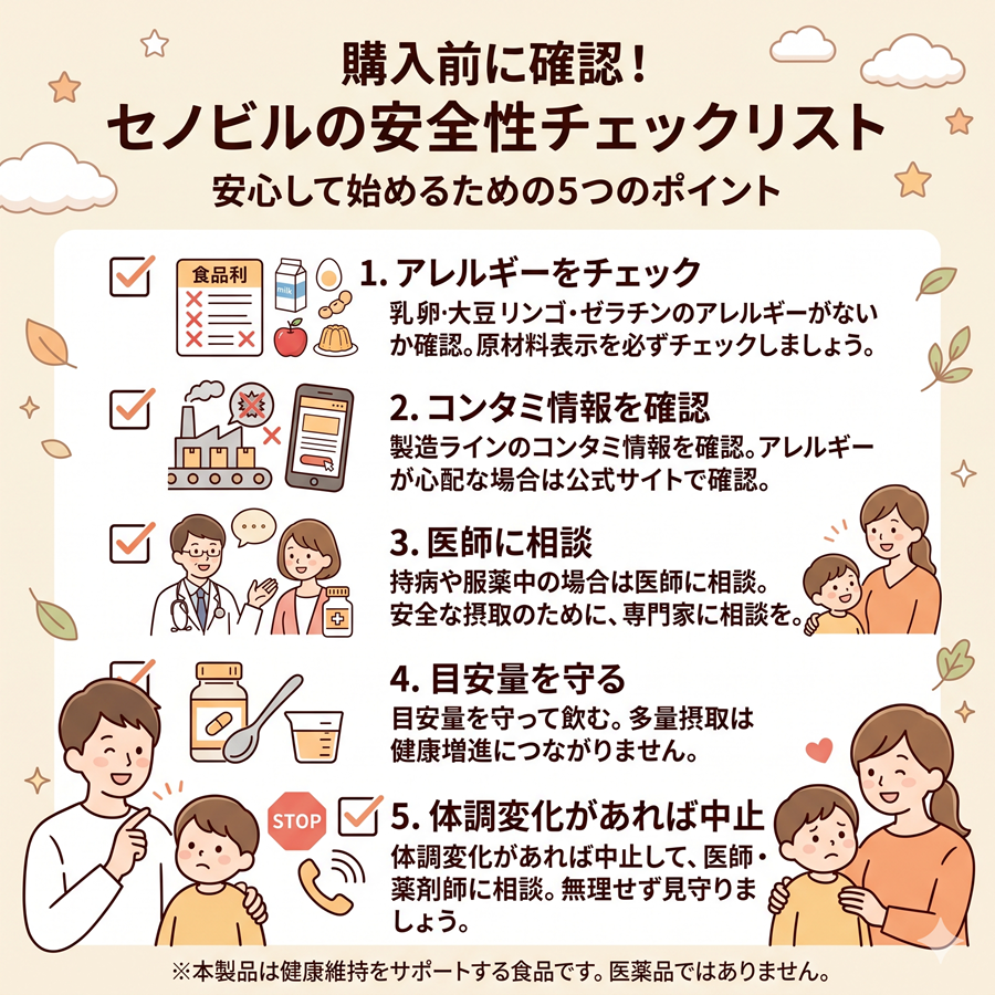 セノビル購入前の安全性チェックリスト。アレルギー、コンタミ、持病、目安量、体調変化の確認ポイントを整理