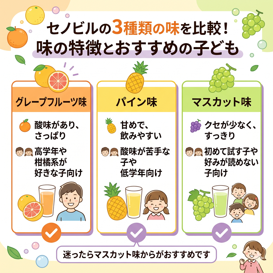 セノビルのグレープフルーツ味、パイン味、マスカット味の違いを図解。味の特徴と向いている子どもを整理