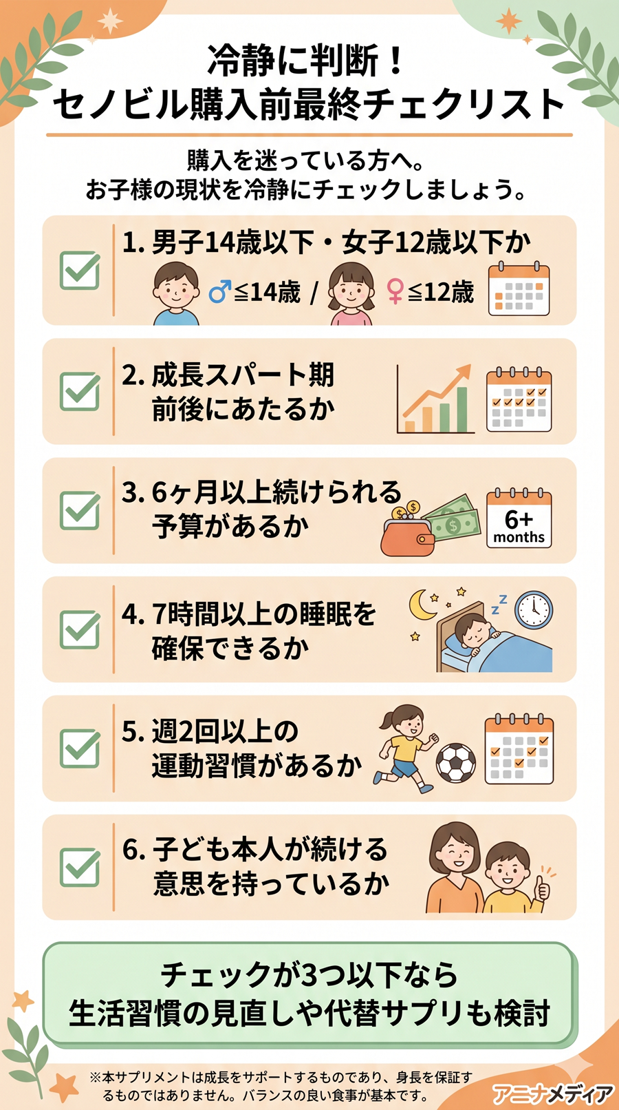 セノビル購入前の最終判断チェックリスト。年齢、継続予算、睡眠、運動、本人の意思を確認