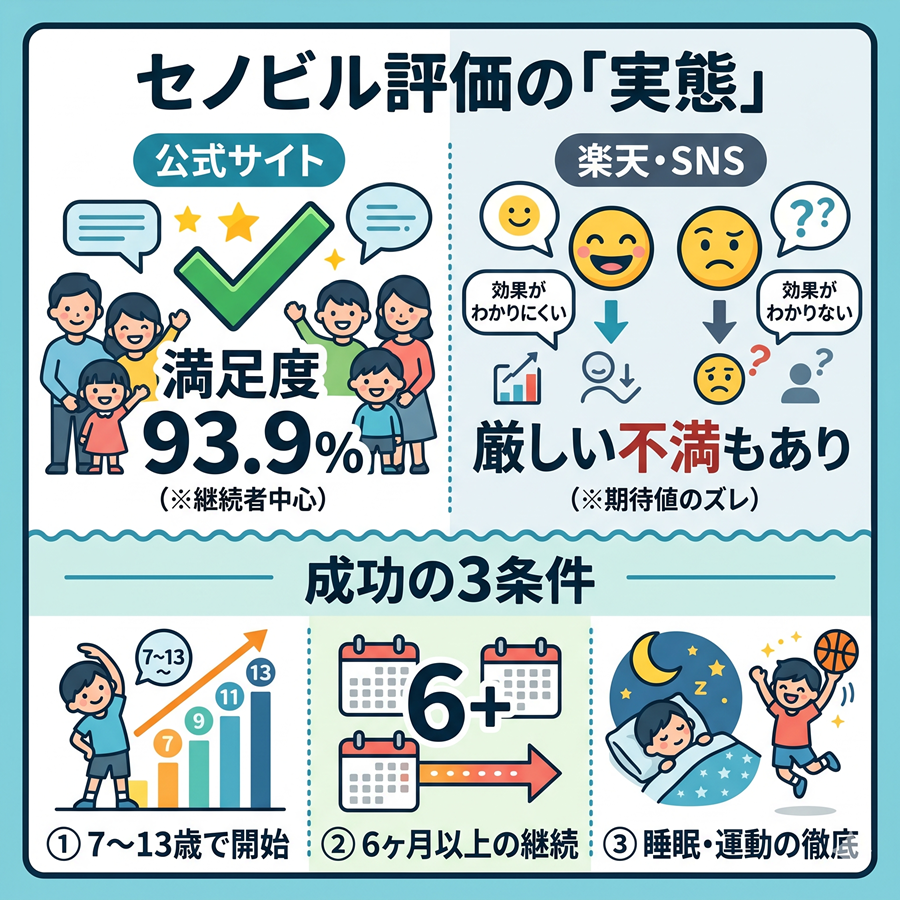 セノビルの公式サイトと楽天の評価ギャップ、および効果実感に必要な3つの条件（年齢・期間・習慣）のまとめ